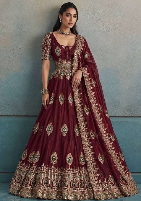 Maroon Embroidery Silk Gown Set