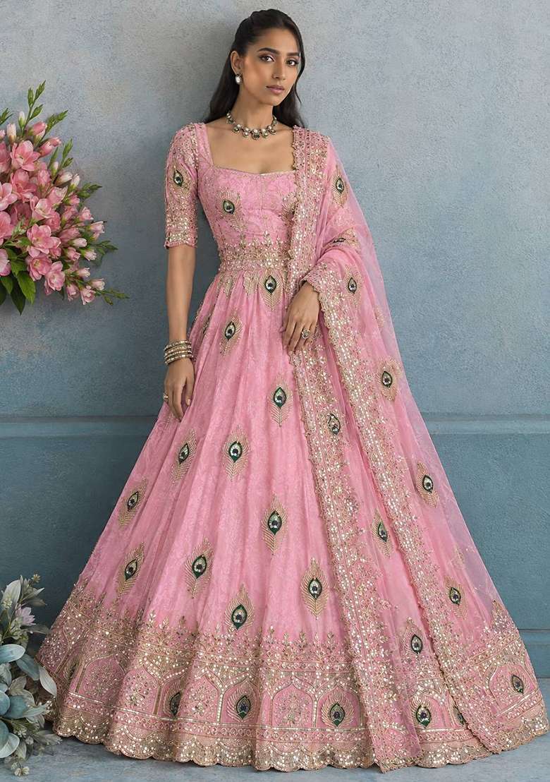 Pink Embroidery Silk Gown Set - Indya
