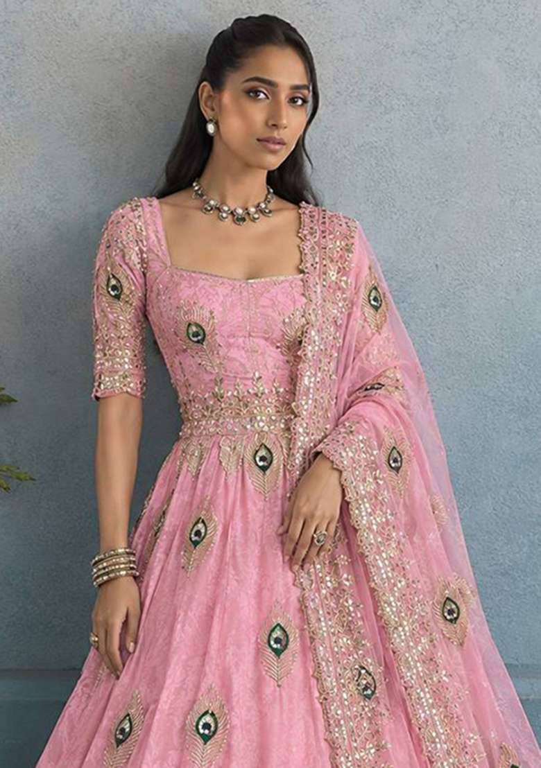 Pink Embroidery Silk Gown Set - Indya