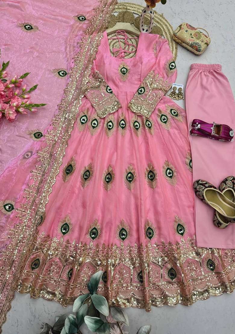 Pink Embroidery Silk Gown Set - Indya