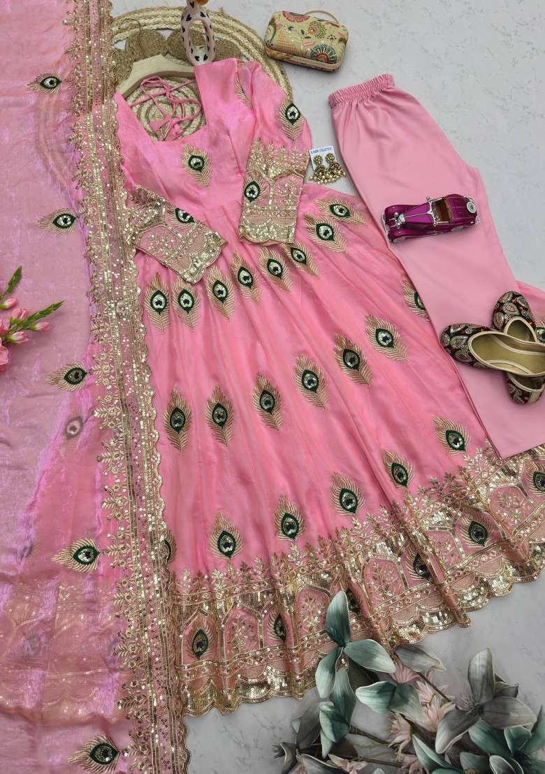 Pink Embroidery Silk Gown Set - Indya