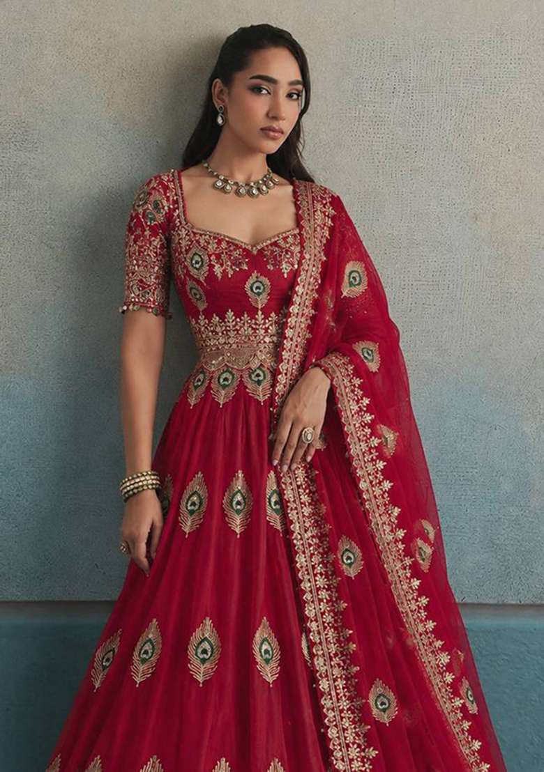 Red Embroidery Silk Gown Set - Indya