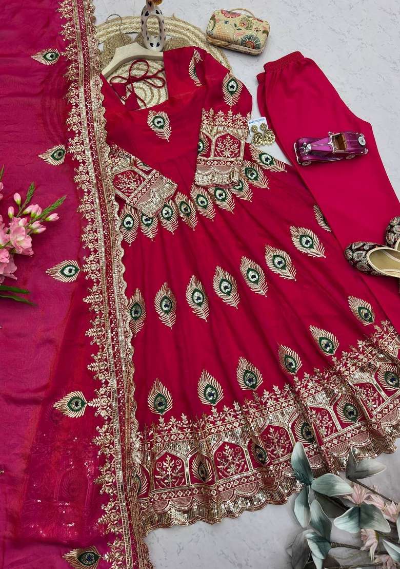 Red Embroidery Silk Gown Set - Indya