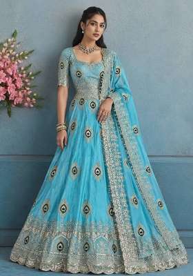 Sky Blue Embroidery Silk Gown Set