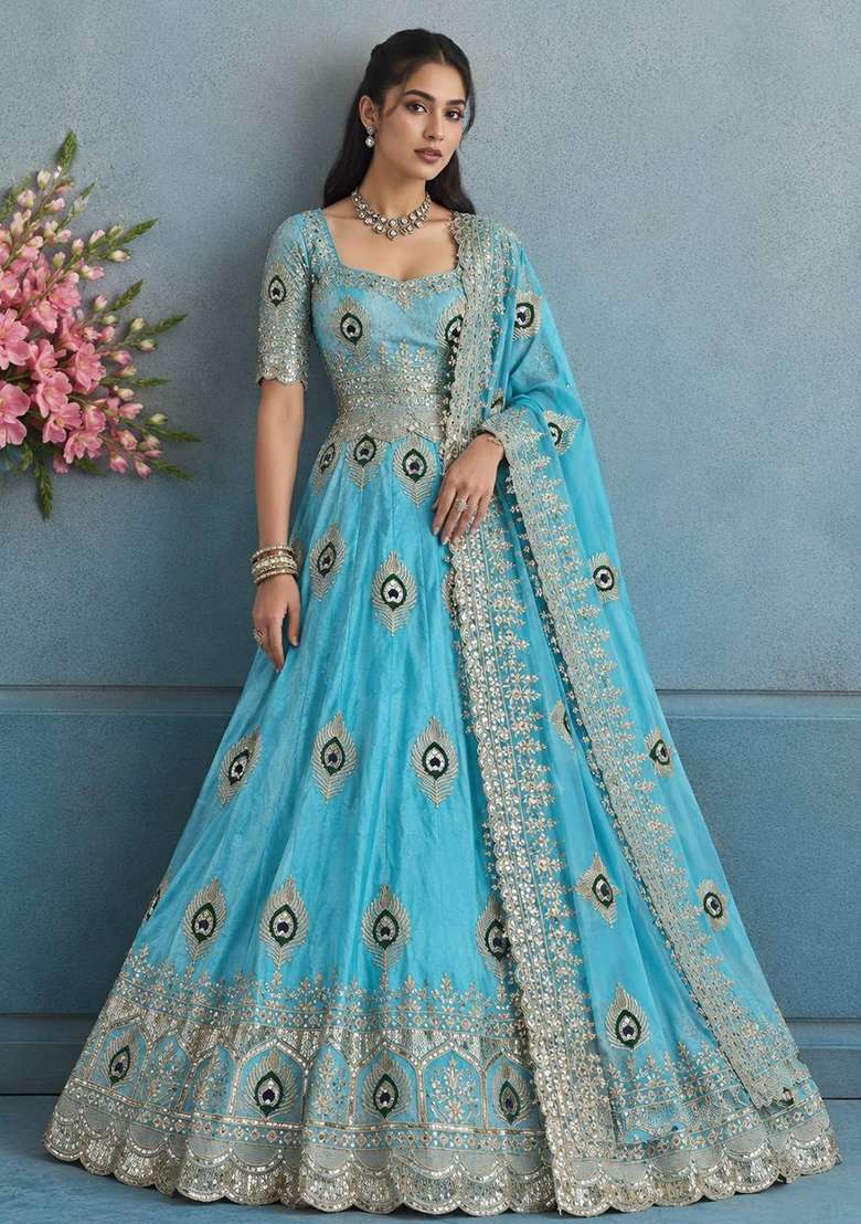 Sky Blue Embroidery Silk Gown Set - Indya