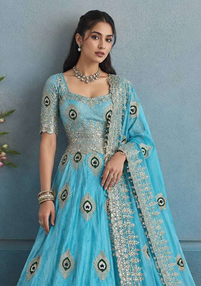 Sky Blue Embroidery Silk Gown Set - Indya