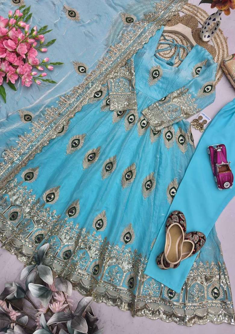Sky Blue Embroidery Silk Gown Set - Indya
