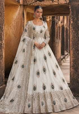 White Embroidery Silk Gown Set