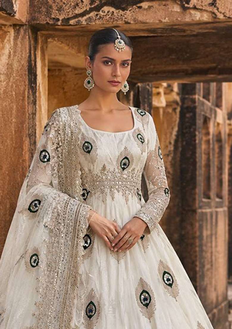 White Embroidery Silk Gown Set - Indya
