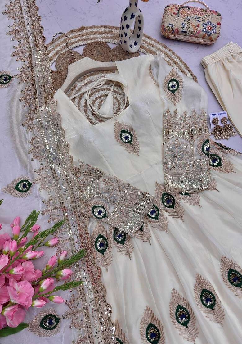 White Embroidery Silk Gown Set - Indya