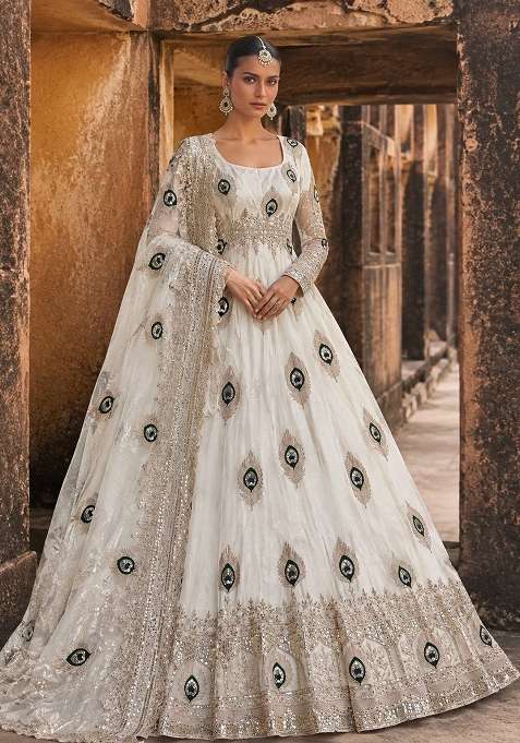 White Embroidery Silk Gown Set