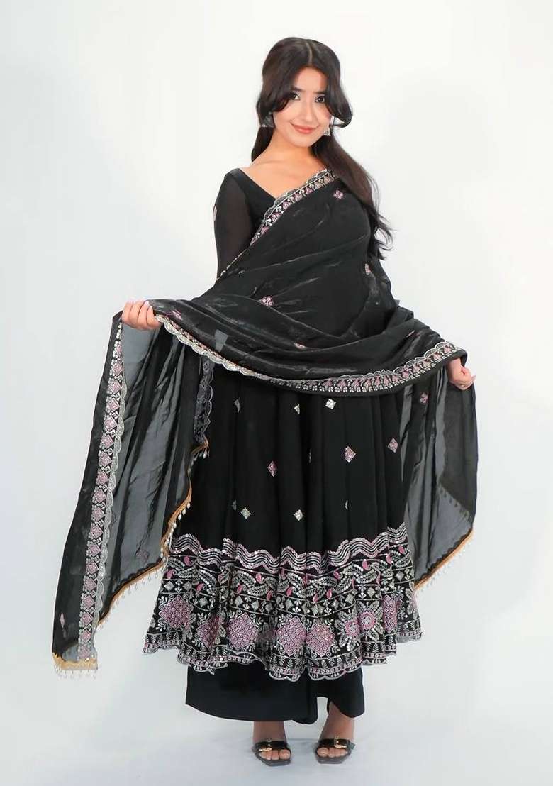 Black Embroidery Silk Gown Set - Indya