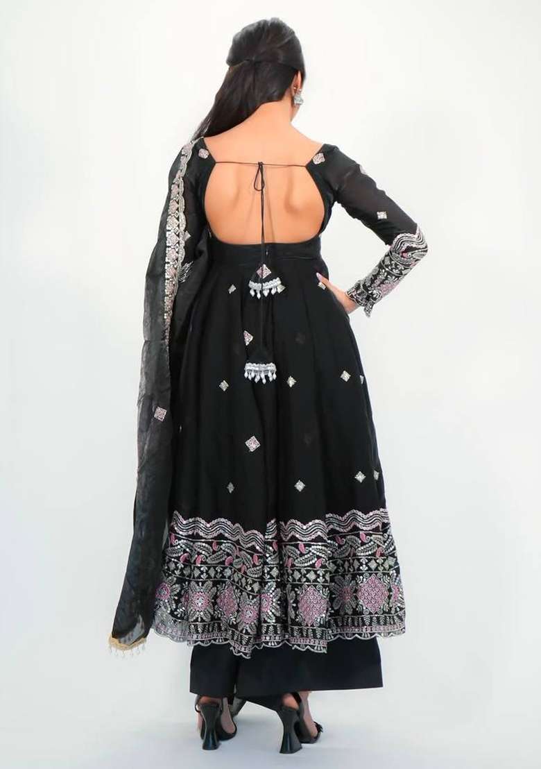 Black Embroidery Silk Gown Set - Indya