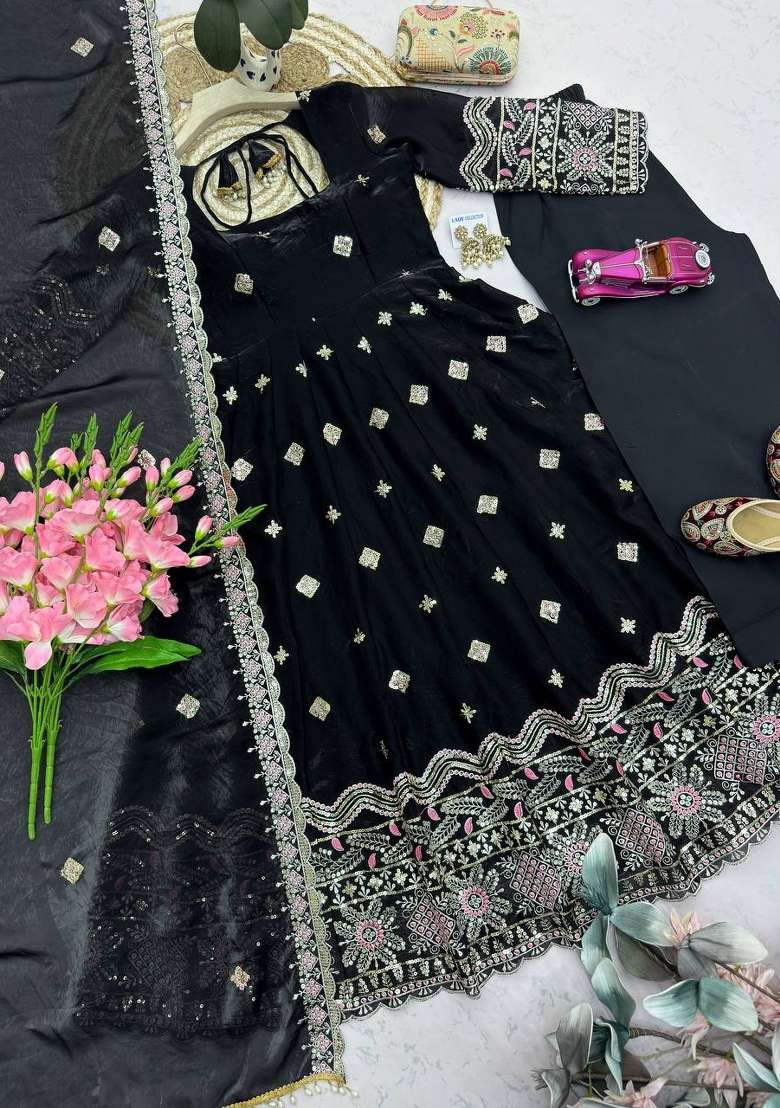Black Embroidery Silk Gown Set - Indya