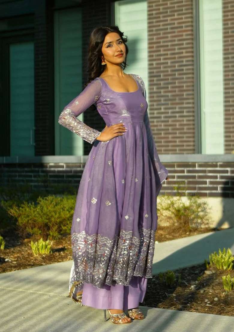 Grey Embroidery Silk Gown Set - Indya