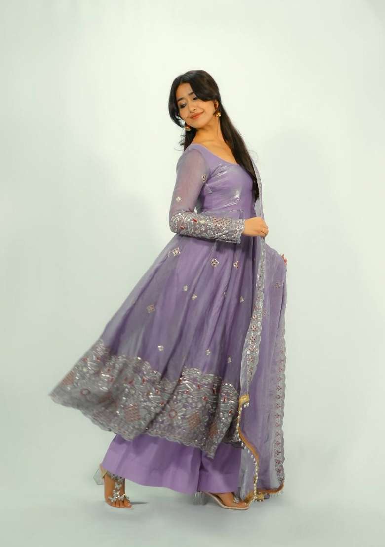 Grey Embroidery Silk Gown Set - Indya