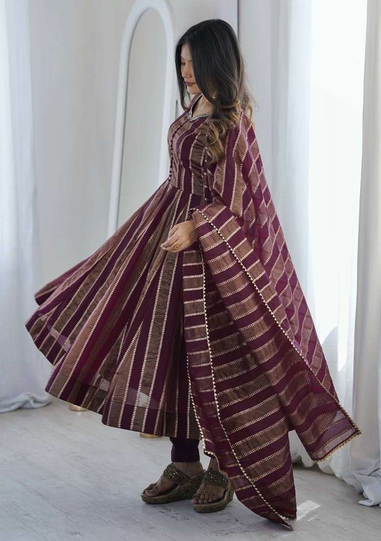 Wine Embroidery Viscose Gown Set - Indya