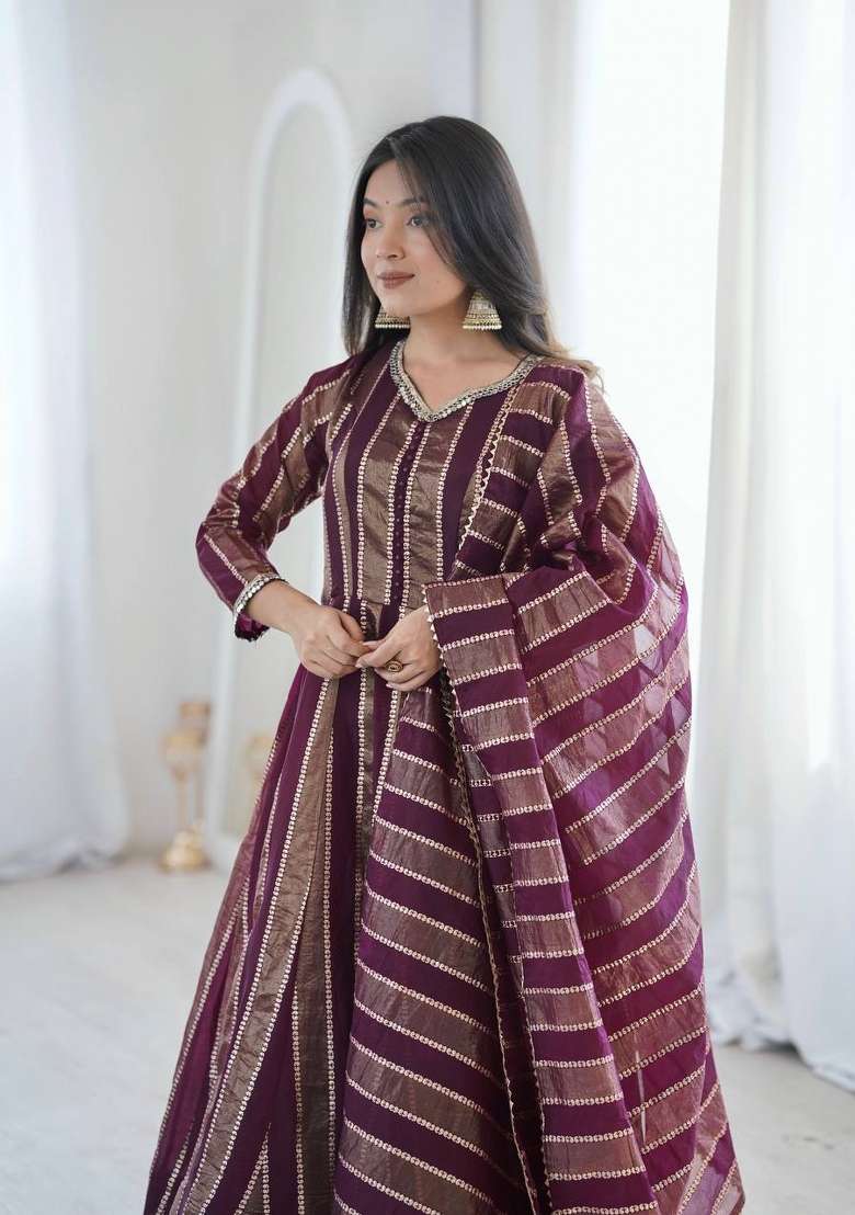 Wine Embroidery Viscose Gown Set - Indya