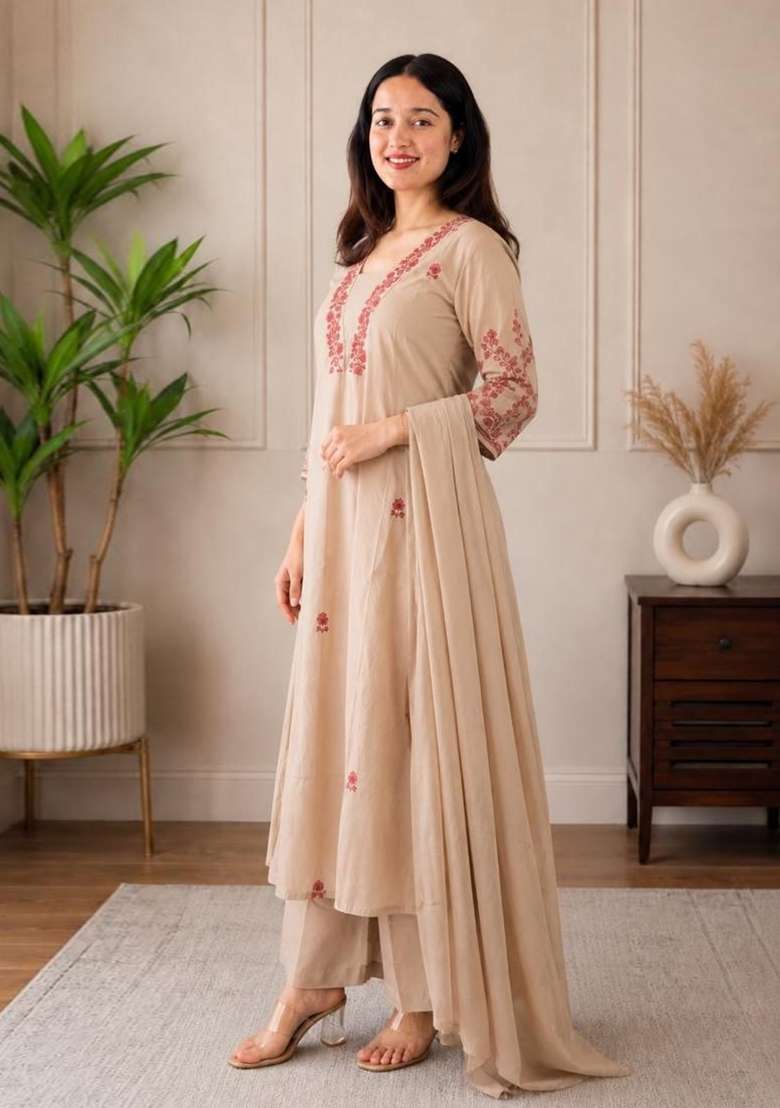 Cream Embroidery Silk Kurta Set - Indya