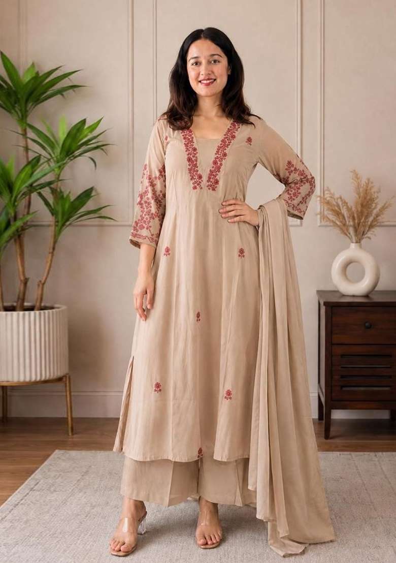 Cream Embroidery Silk Kurta Set - Indya