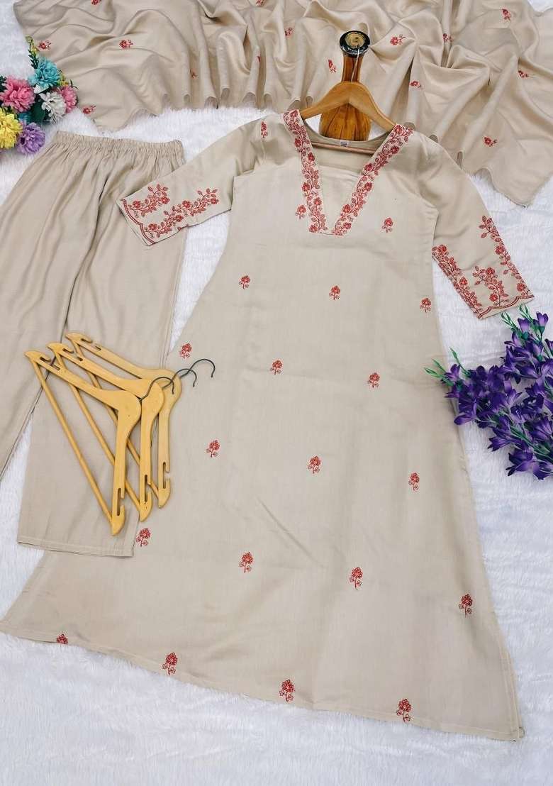 Cream Embroidery Silk Kurta Set - Indya