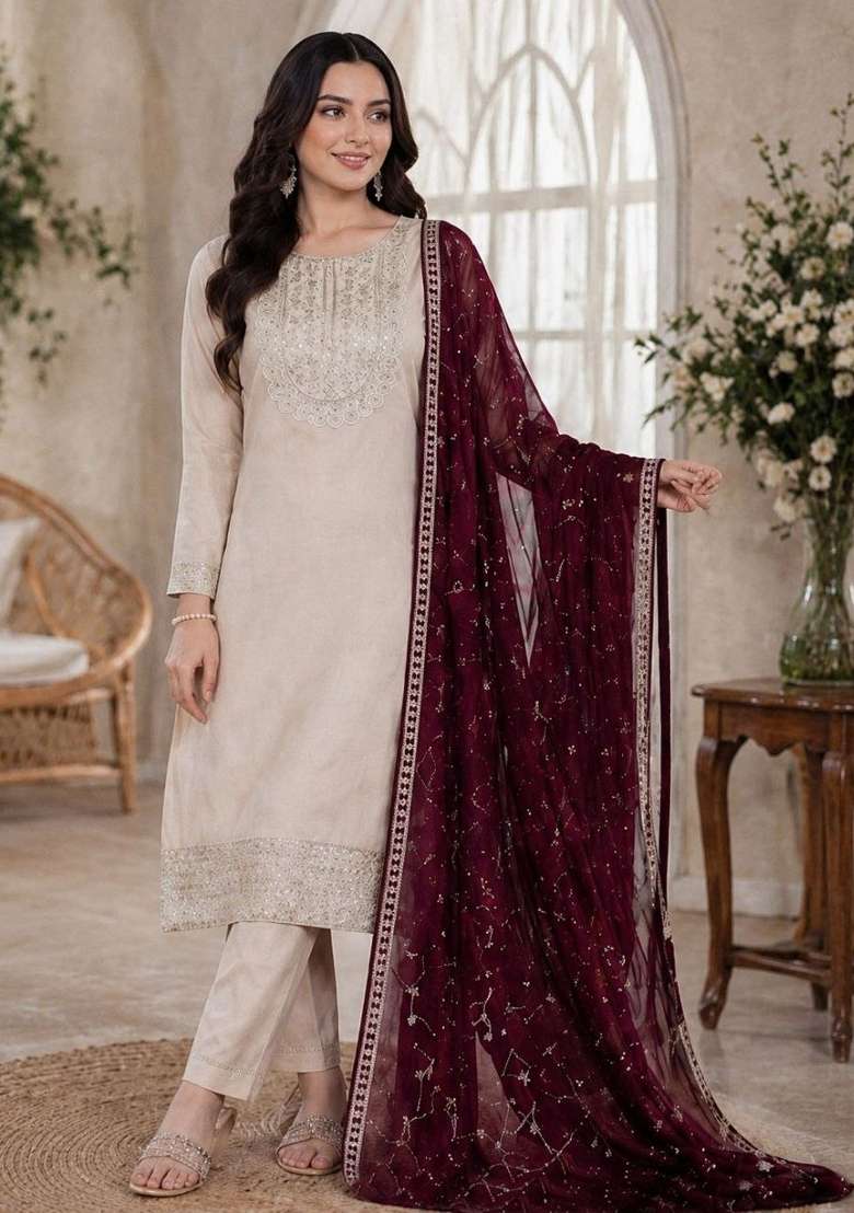 Cream Embroidery Silk Kurta Set - Indya