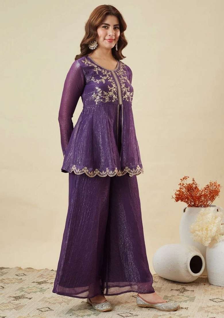 Purple Embroidery Silk Palazzo Set - Indya
