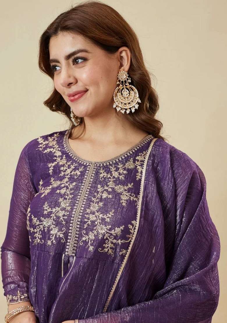 Purple Embroidery Silk Palazzo Set - Indya