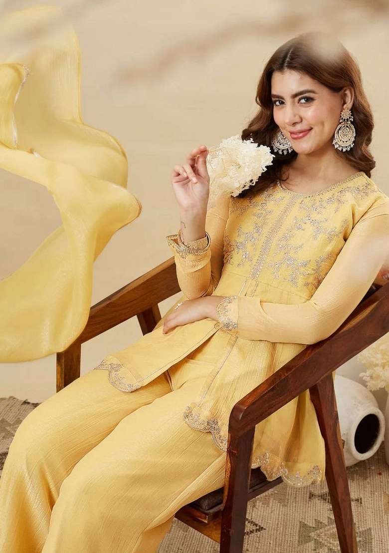 Yellow Embroidery Silk Palazzo Set - Indya