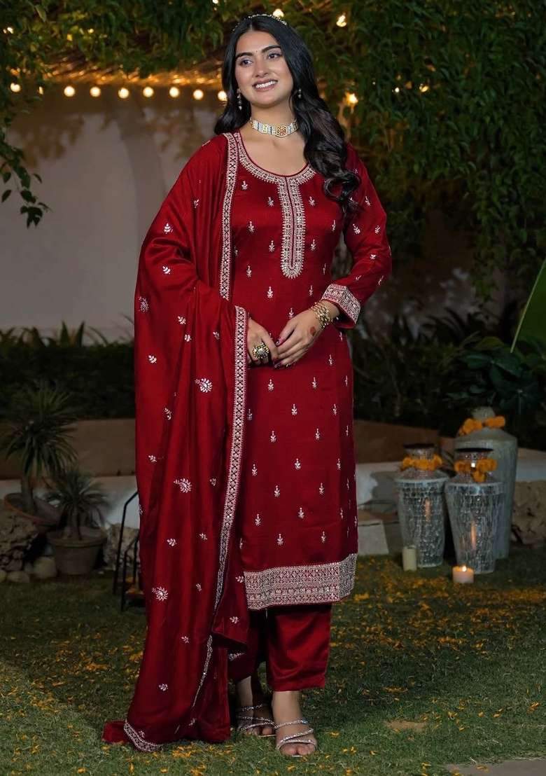 Maroon Embroidery Silk Kurta Set - Indya