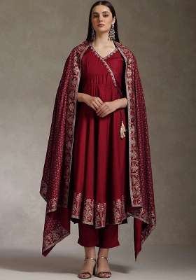 Maroon Embroidery Rayon Kurta Set