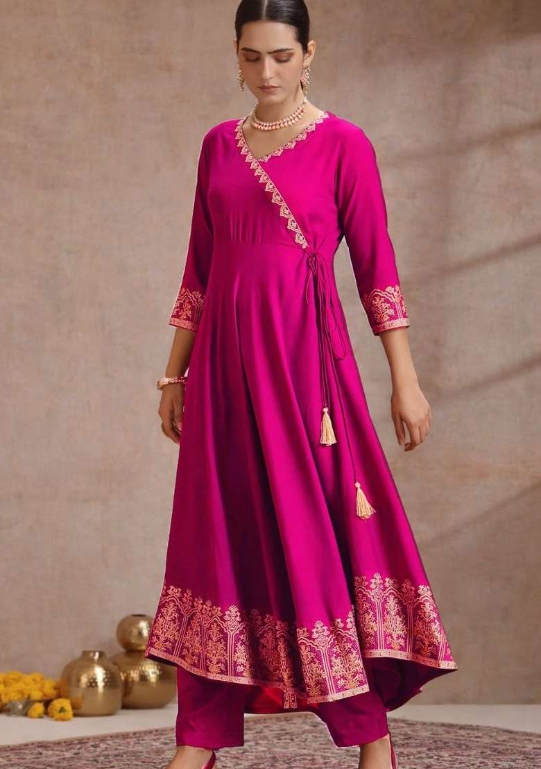 Pink Embroidery Rayon Kurta Set - Indya