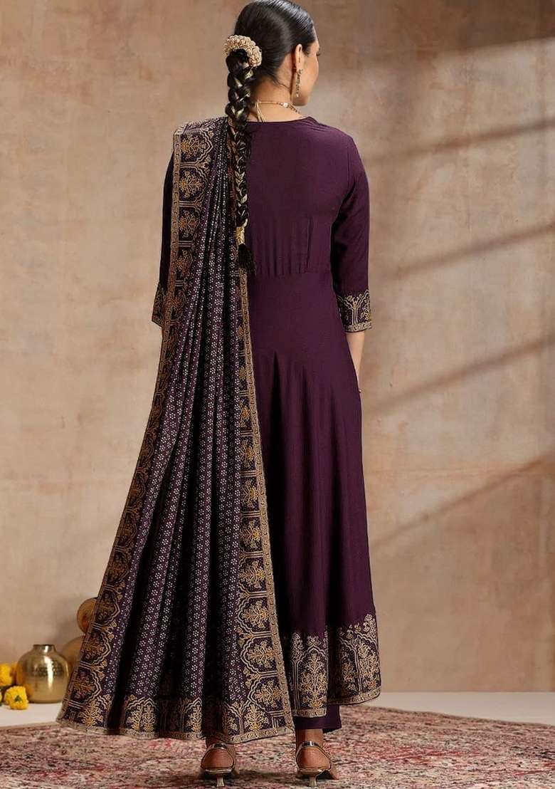 Wine Embroidery Rayon Kurta Set - Indya