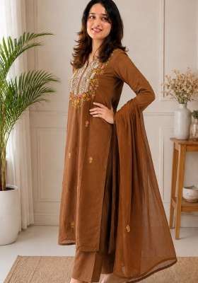 Mustard Embroidery Silk Kurta Set
