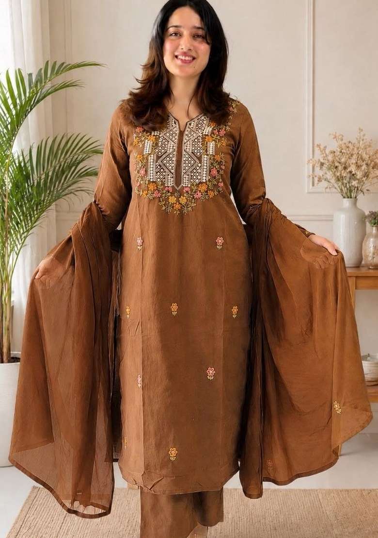 Mustard Embroidery Silk Kurta Set - Indya