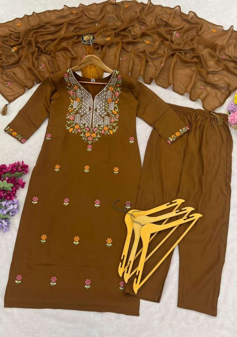 Mustard Embroidery Silk Kurta Set - Indya