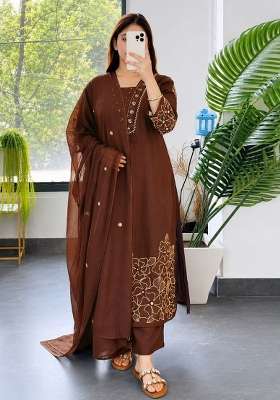 Brown Embroidery Silk Kurta Set