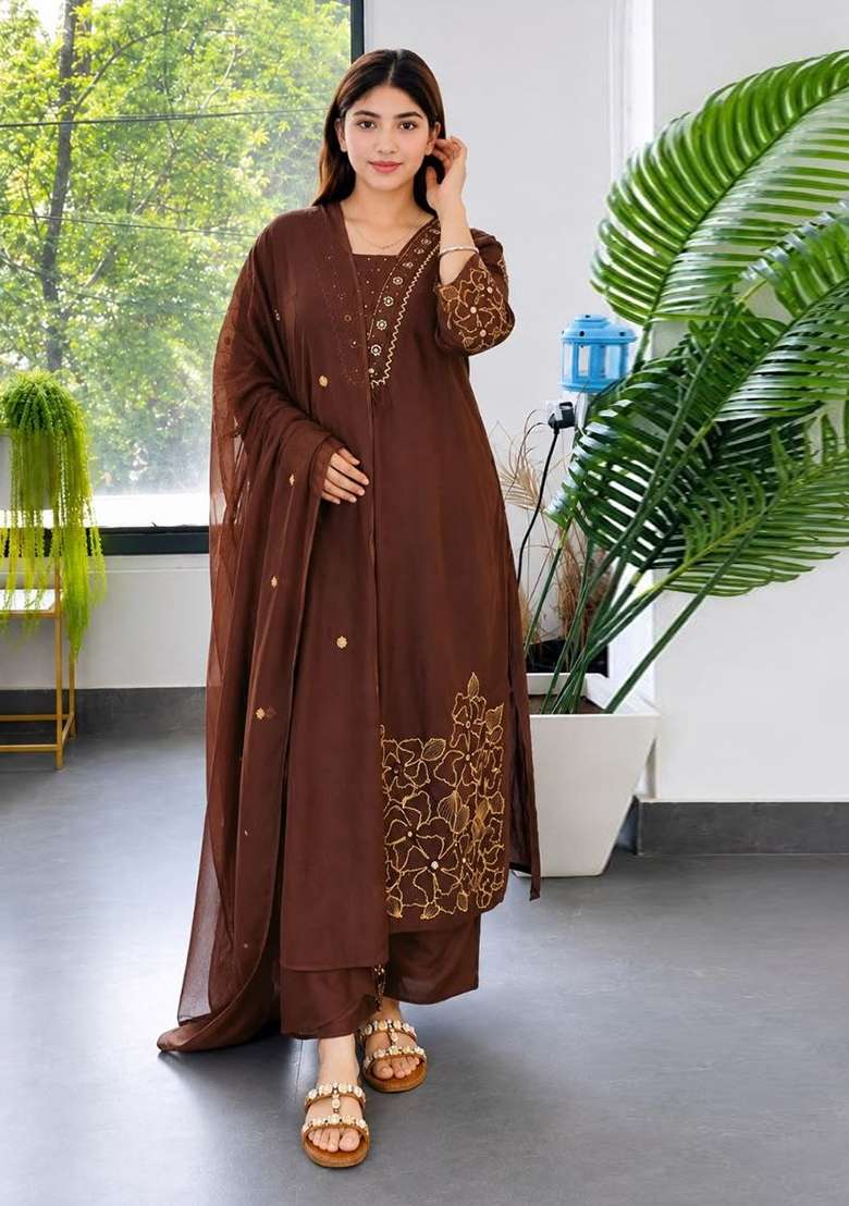Brown Embroidery Silk Kurta Set - Indya