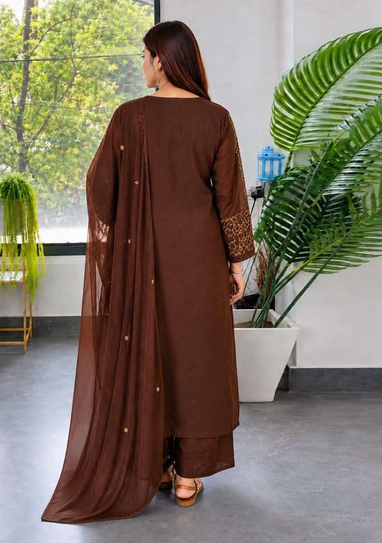 Brown Embroidery Silk Kurta Set - Indya