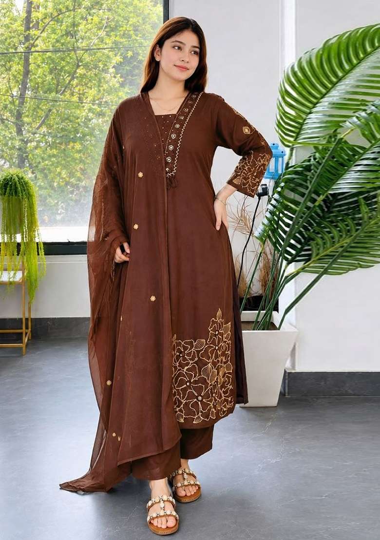 Brown Embroidery Silk Kurta Set - Indya