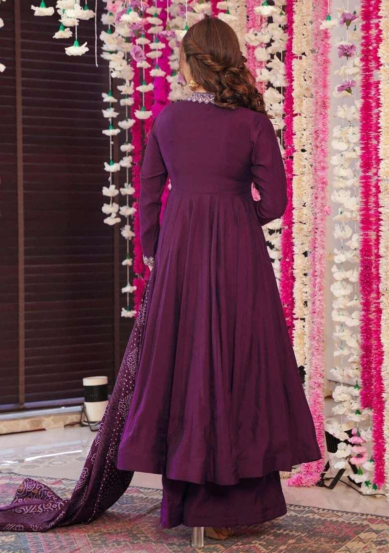Wine Embroidery Silk Kurta Set - Indya