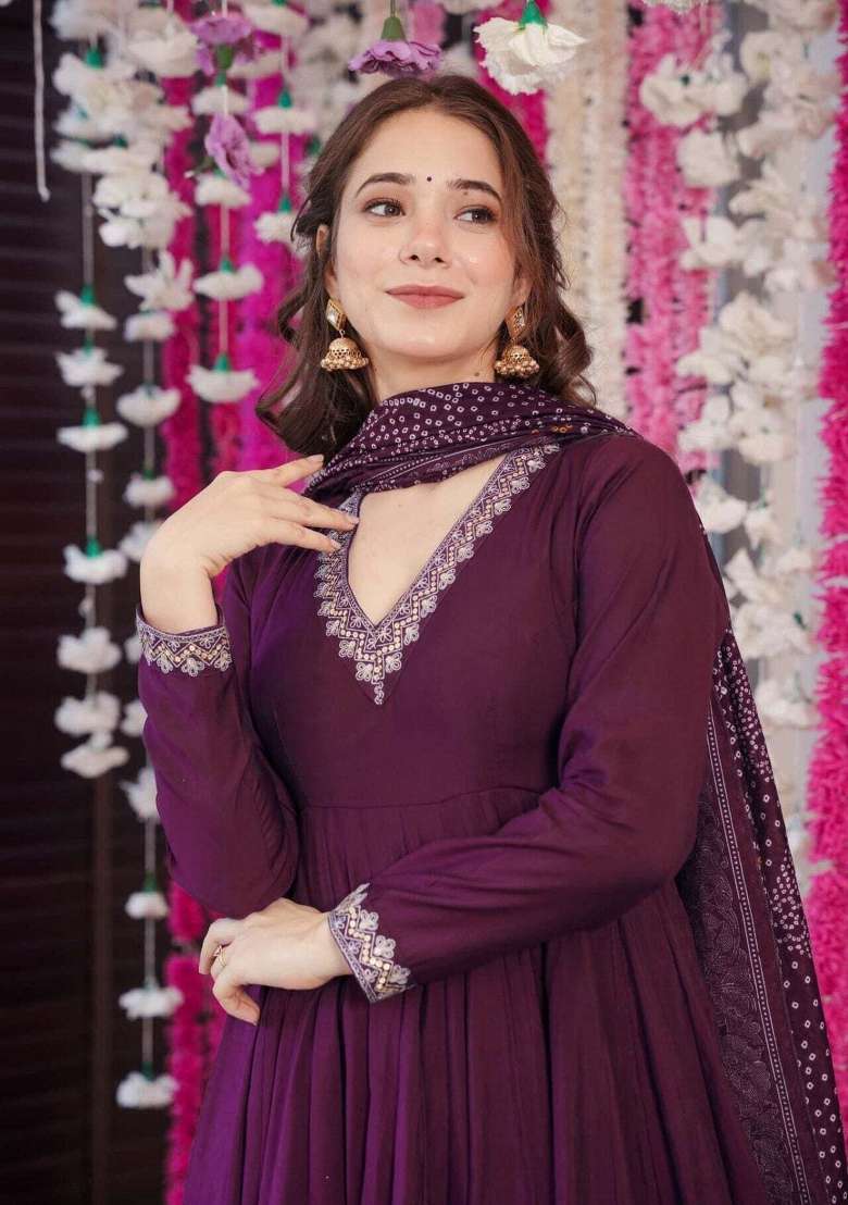 Wine Embroidery Silk Kurta Set - Indya