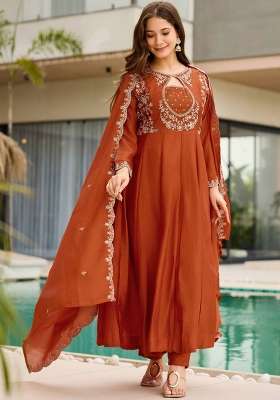 Orange Embroidery Silk Kurta Set
