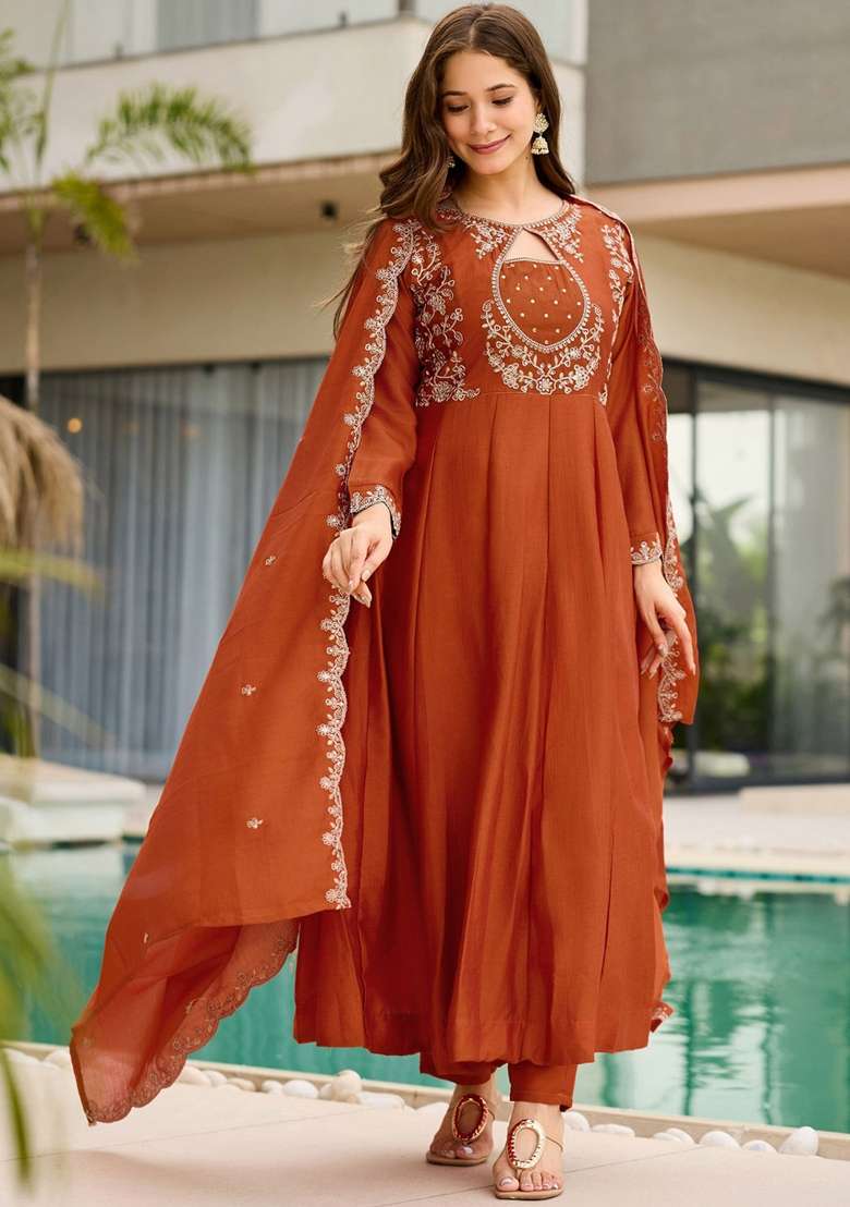 Orange Embroidery Silk Kurta Set - Indya