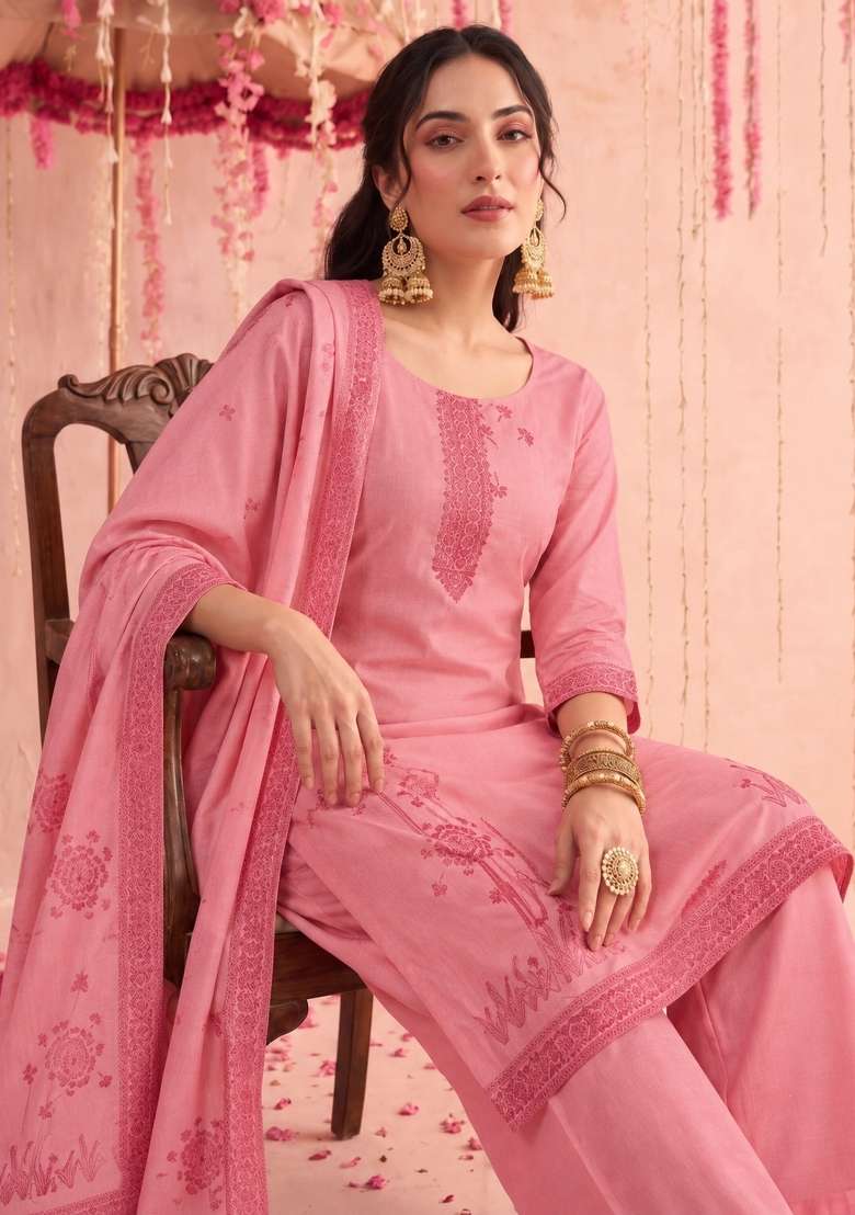 Pink Embroidery Cotton Kurta Set - Indya