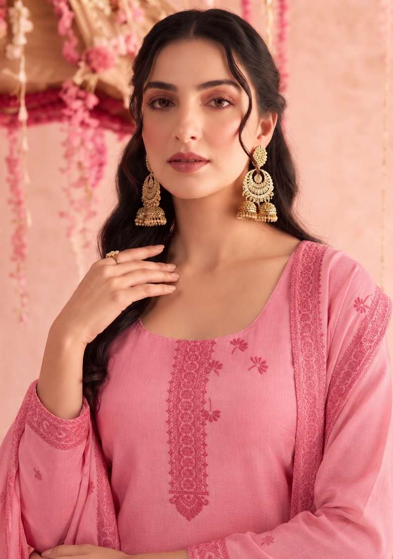 Pink Embroidery Cotton Kurta Set - Indya