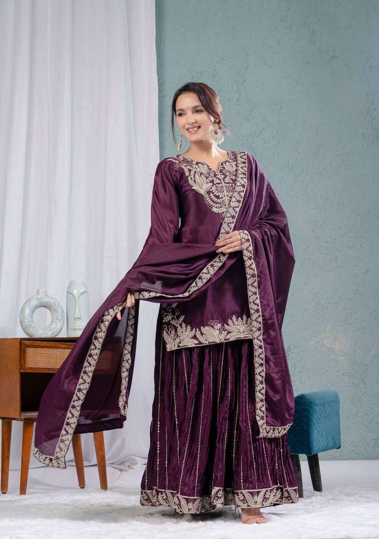 Wine Embroidery Chinon Palazzo Set - Indya