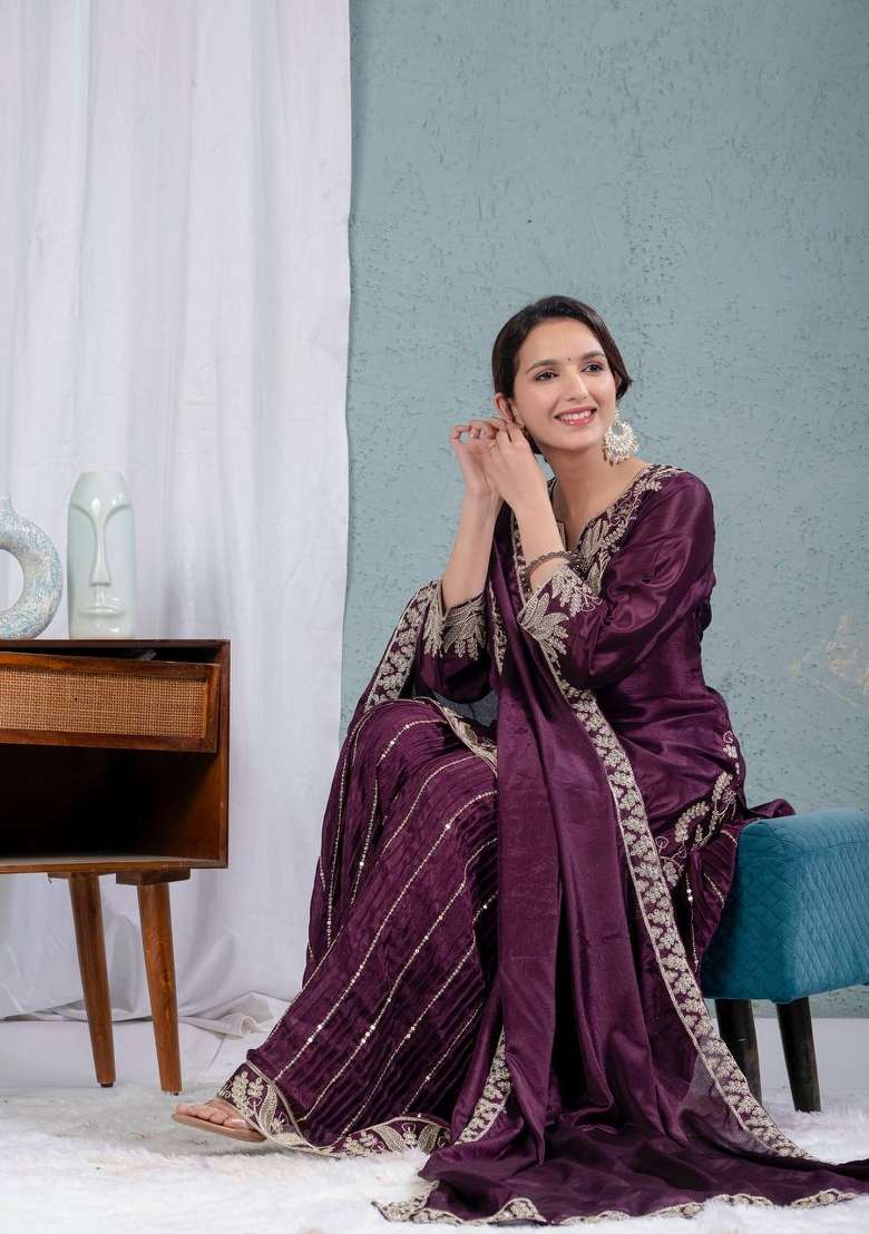 Wine Embroidery Chinon Palazzo Set - Indya