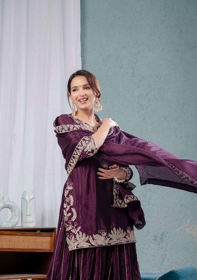 Wine Embroidery Chinon Palazzo Set - Indya