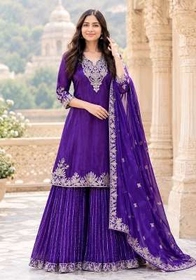 Purple Embroidery Chinon Palazzo Set